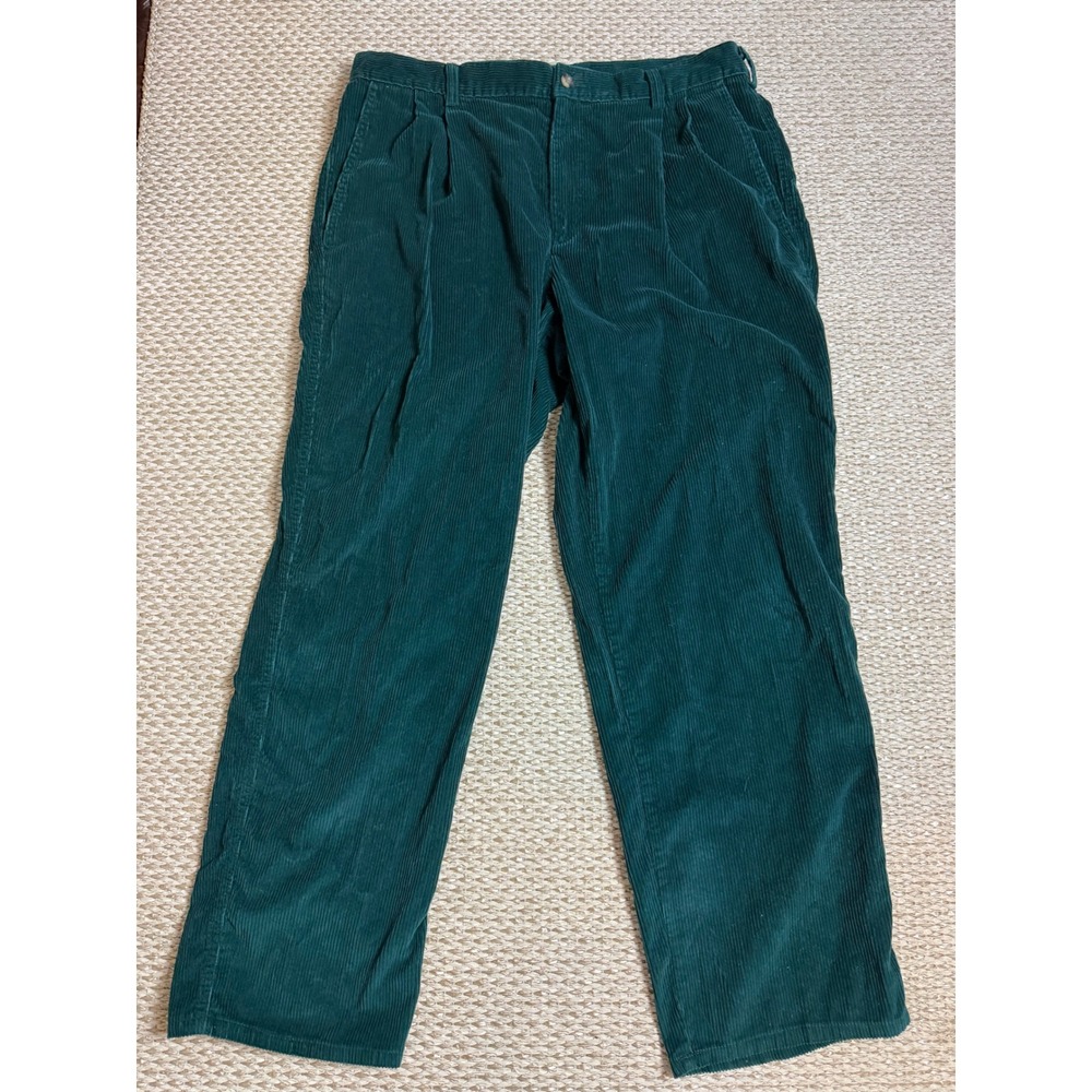 Woolrich Mens Green Corduroy Pleated Pants 36x30 Cotton Straight Leg Trousers